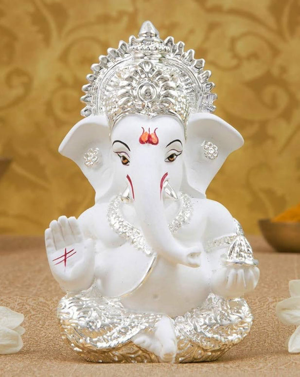 Silver & White Color Shree Ganesha Terracotta Statue