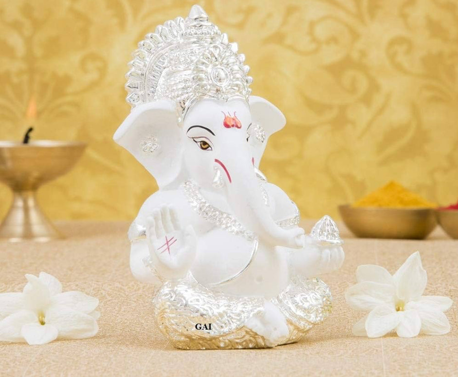 Silver & White Color Shree Ganesha Terracotta Statue